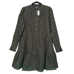 Gap Womens Black Eyelet Tiered Mini Dress Long Sleeve Ruffle Neck Pockets M NWT